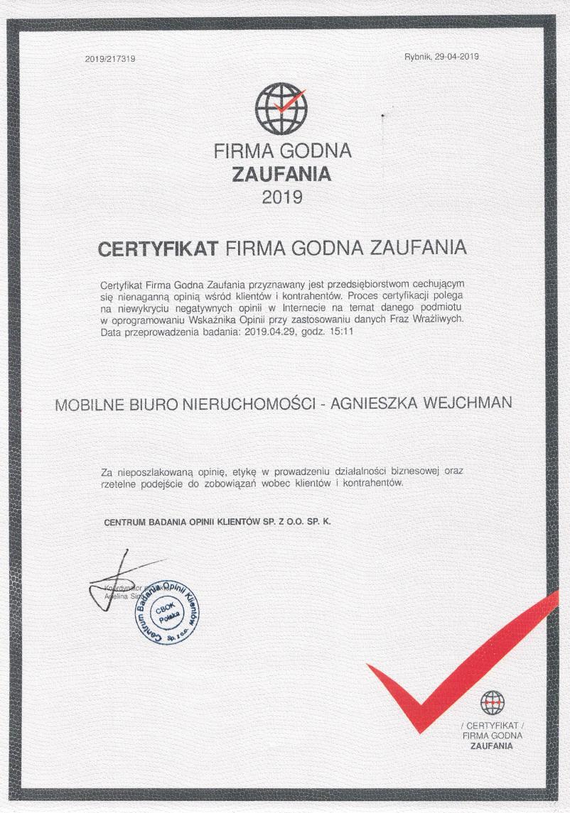 Firma Godna Zaufania 2019 to Biuro Nieruchomości Mobilne Biuro Nieruchomości Agnieszka Wejcman - Mysłowice, Jaworzno, Katowice i okolice
