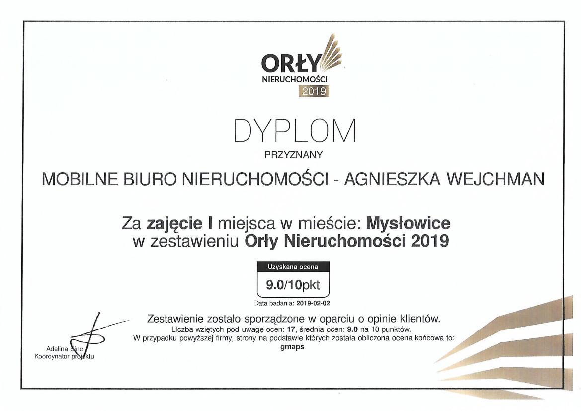 Dyplom - Mobilne Biuro Nieruchomości - Agnieszka Wejchman - Orły Nieruchomości 2019